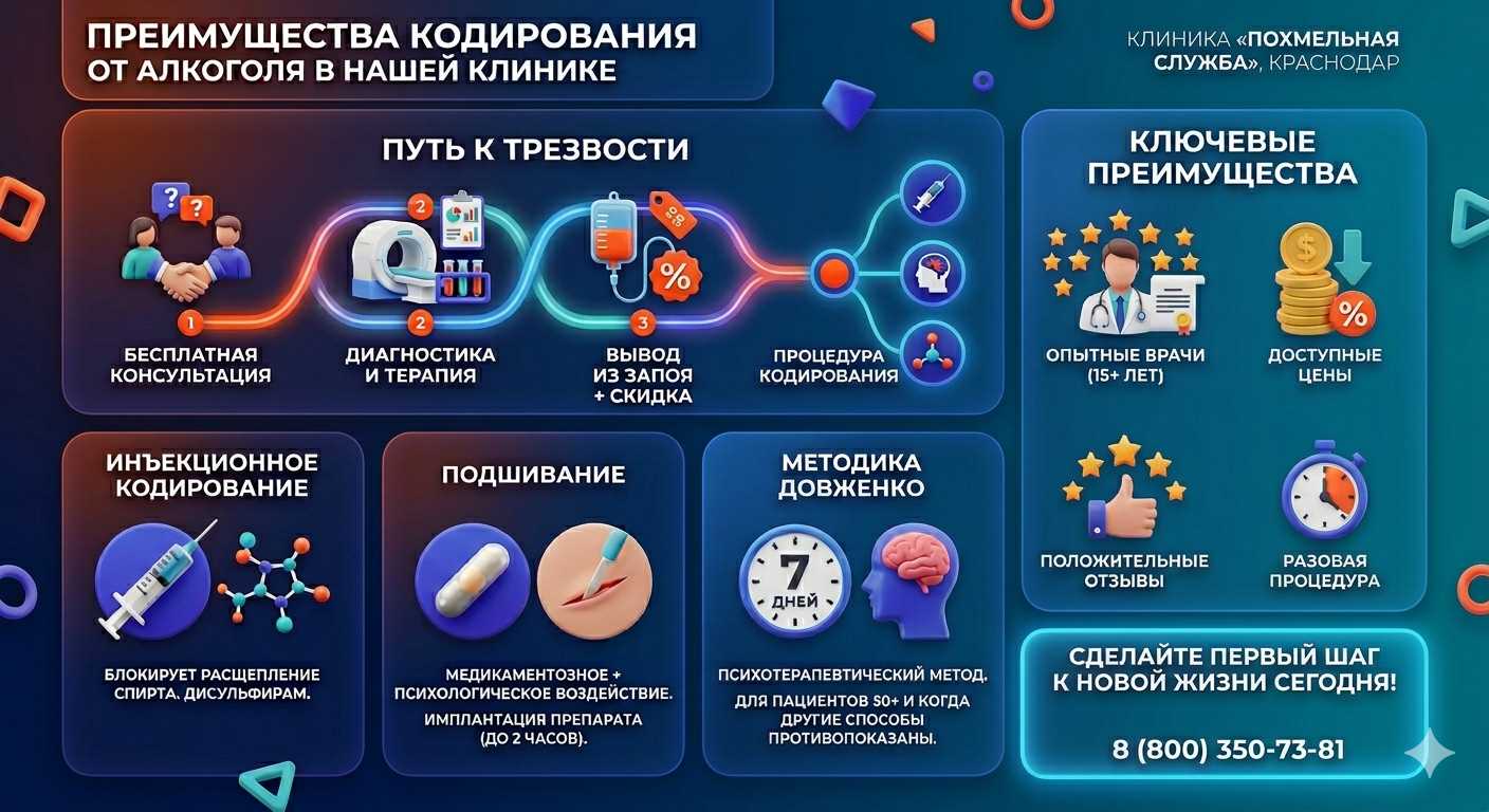 Инфографика о методах кодирования от алкоголя в Учкекене: инъекции, подшивание, метод Довженко. Преимущества клиники и этапы лечения.