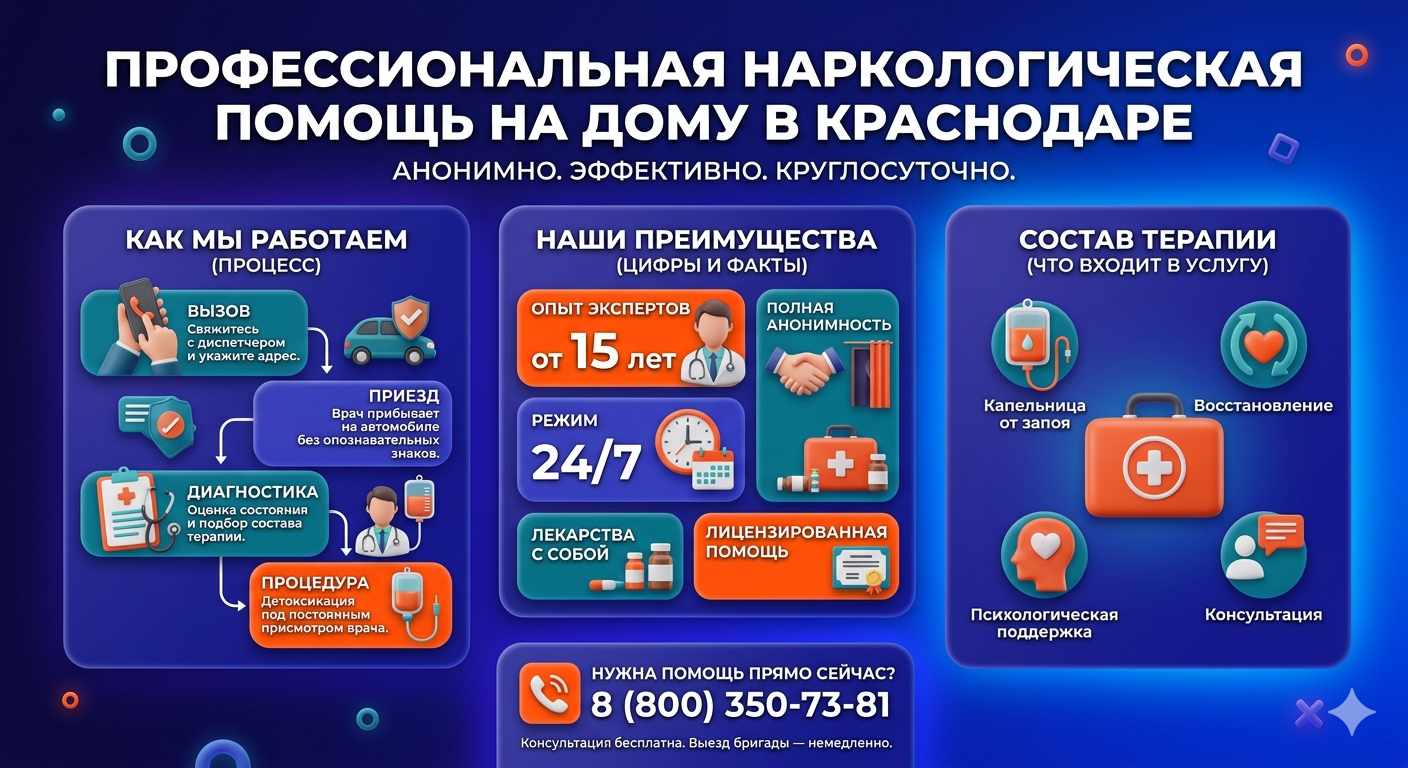 Инфографика о принципах лечения алкоголизма на дому в Учкекене: этапы вызова нарколога, преимущества анонимной детоксикации и состав медицинской помощи.
